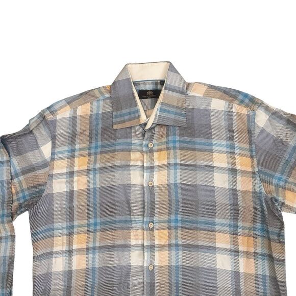 CIRCLE OF GENTLEMEN REGULAR FIT 100% COTTON SHIRT BLUE BEIGE PLAID 44 X 17.5 - Picture 2 of 11
